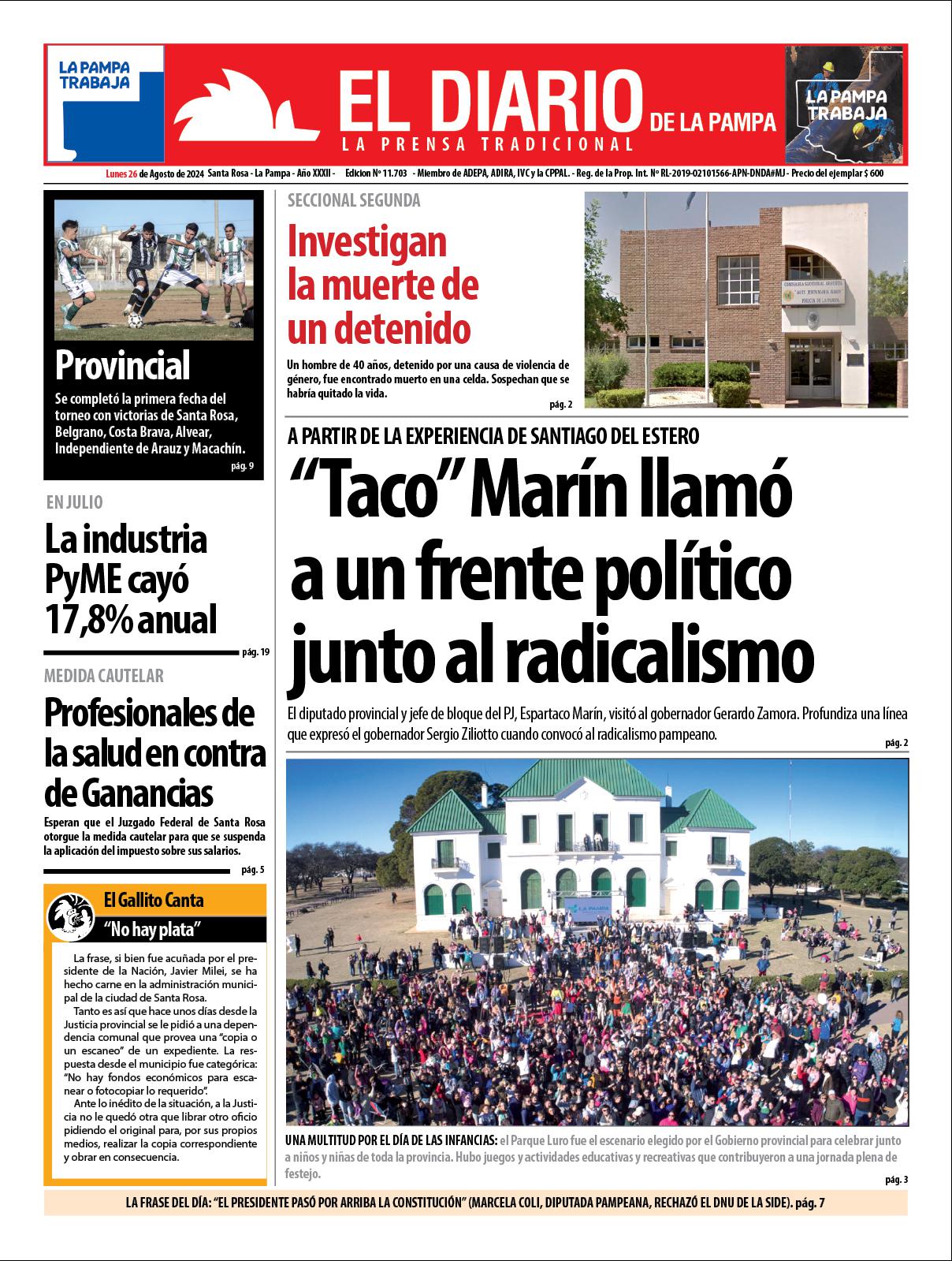 Tapa de El Diario en papel  lunes 26 de agosto de 2024